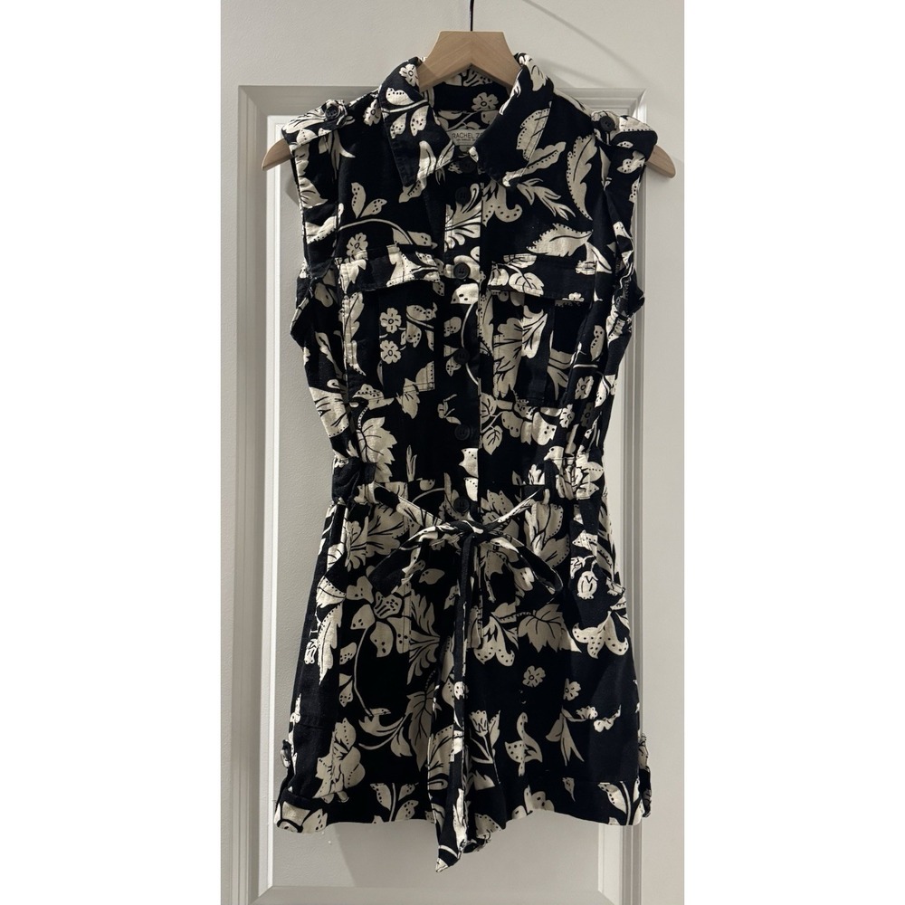 Rachel Zoe Linen Blend Romper Womens 6 Black Floral Belted Utility Safari